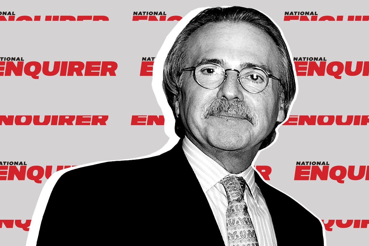 David Pecker in front of a repeating pattern of National Enquirer logos.