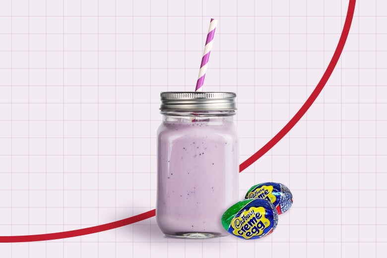 A smoothie and two Cadbury Creme Eggs in front of a chart with a red line going up exponentially. 