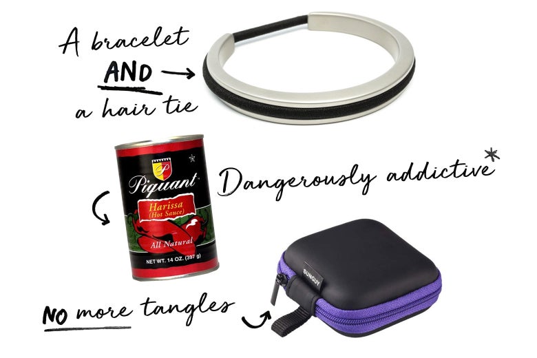 A bracelet that holds hair ties, Piquant harissa sauce, and an earbud pouch.