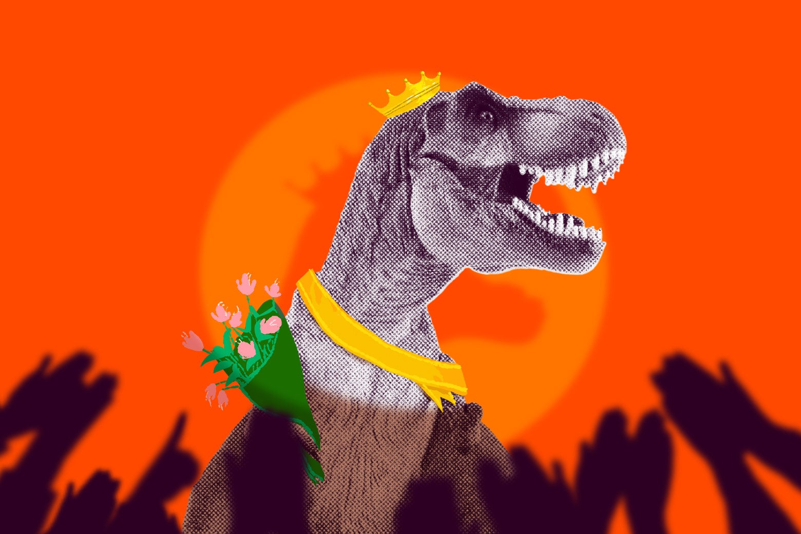 A T. rex with a crown and a sash, holding a bouquet of flowers in front of adoring fans.