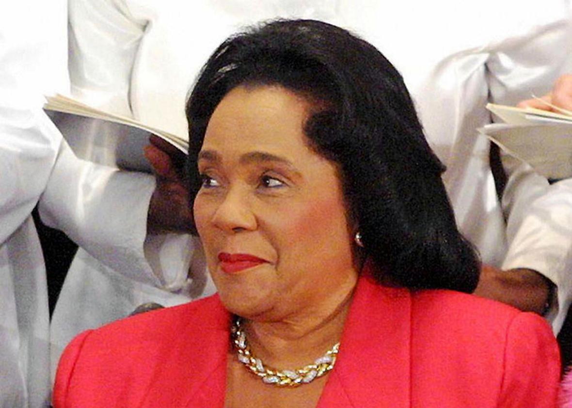 Coretta Scott King, widow of the late Dr. Martin Luther King Jr, attends the annual Commemorative Service marking the 73 anniversary of the birth of Dr. King, 21 January 2002 at the Ebenezer Baptist Church in Atlanta, Georgia.  