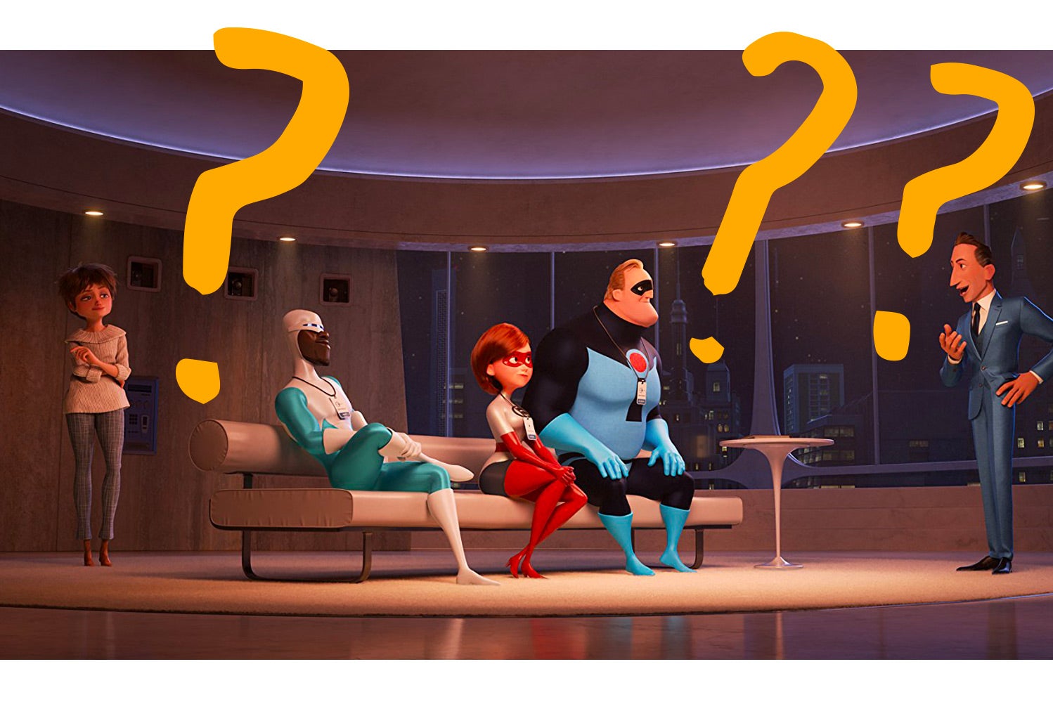 Photo illustration: A still from Incredibles 2 with MS Paint–style question marks overlaid.