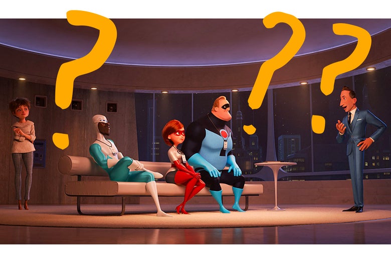 Photo illustration: A still from Incredibles 2 with MS Paint–style question marks overlaid.