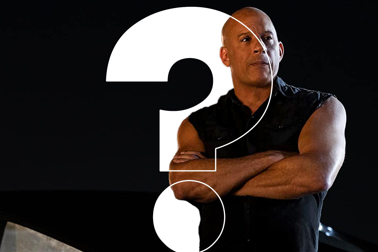 A muscular man crosses his large arms and looks into the distance, with a white question mark superimposed over him.