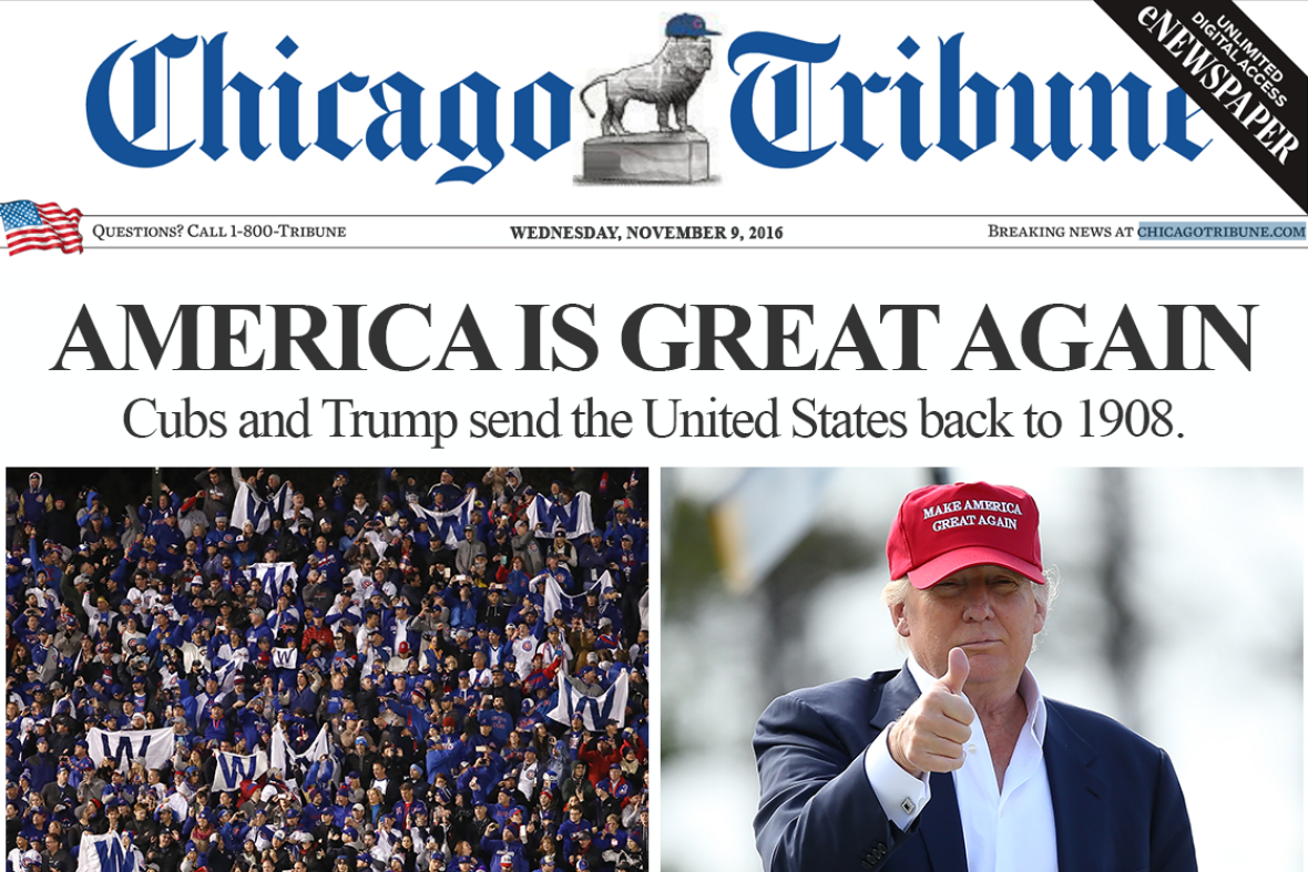 Left: Cubs fans at Wrigley Field holding W "win" flags in the stands. Right: Donald Trump giving a thumbs-up and wearing a MAGA hat.