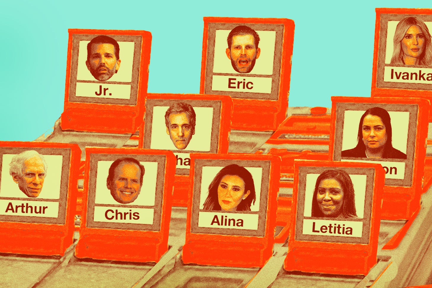 An illustration of a Guess Who?–style game where the people depicted on the cards are people who played a role in Trump's New York civil fraud trial.