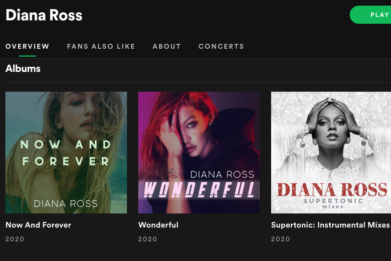 Covers of the albums Now and Forever and Wonderful by a white female artist on Diana Ross' Spotify page