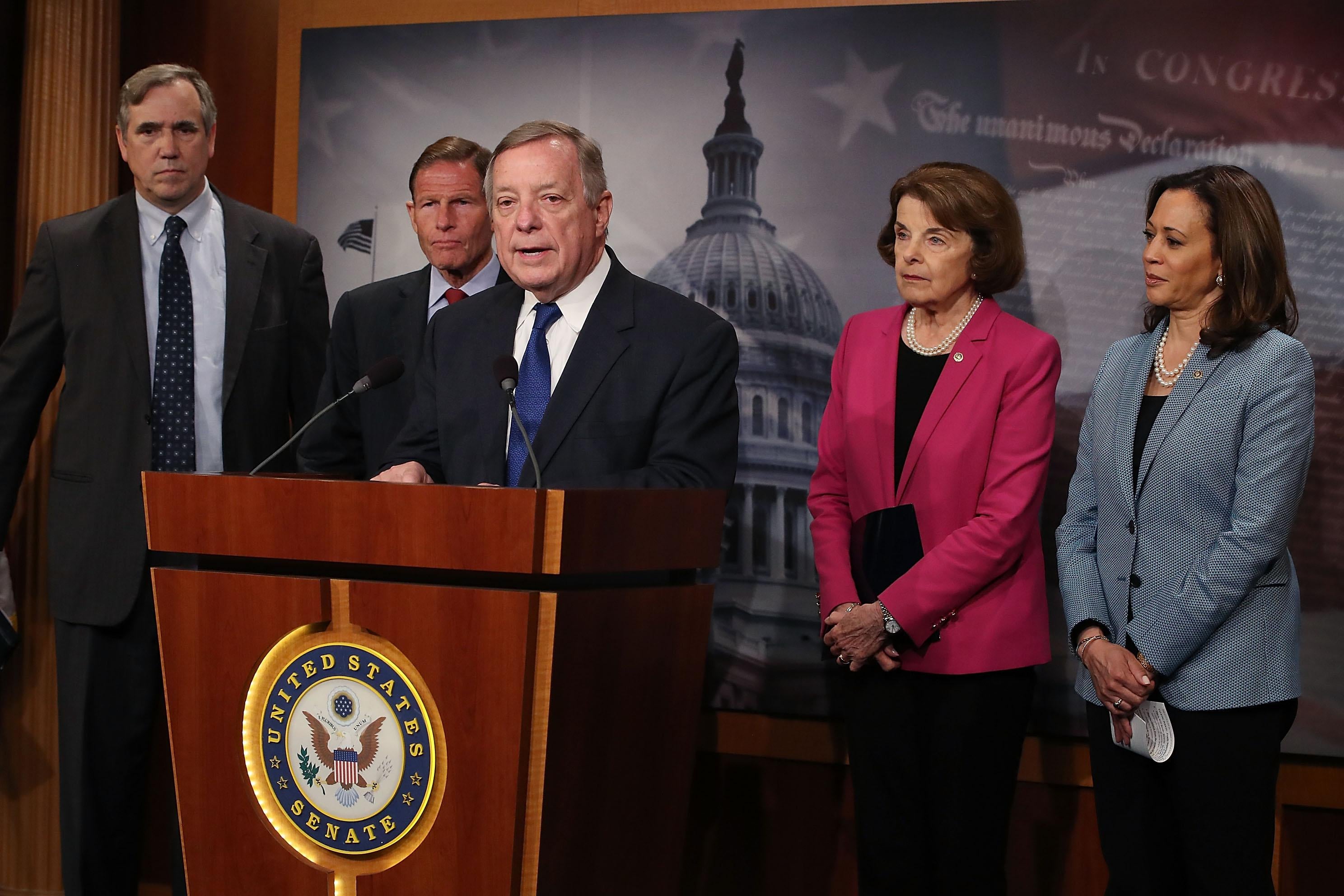 WASHINGTON, DC - JUNE 12:  Senate Minority Whip Dick Durbin, (D-IL) (C), speaks about the Keep Families Together Act, which aims to prevent the separation of immigrant children from their parents, on Capitol Hill June 12, 2018 in Washington, DC. Also pictured is (L-R), Sen. Jeff Merkley, (D-OR), Sen. Richard Blumenthal (D-CT), Senate Judiciary ranking member Dianne Feinstein, (D-CA) and Sen. Kamala Harris (D-CA)  (Photo by Mark Wilson/Getty Images)