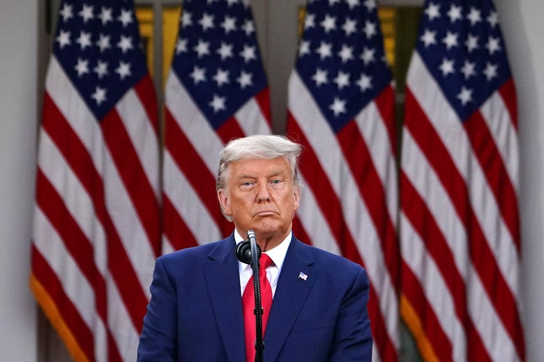 Donald Trump at a microphone in front of American flags.
