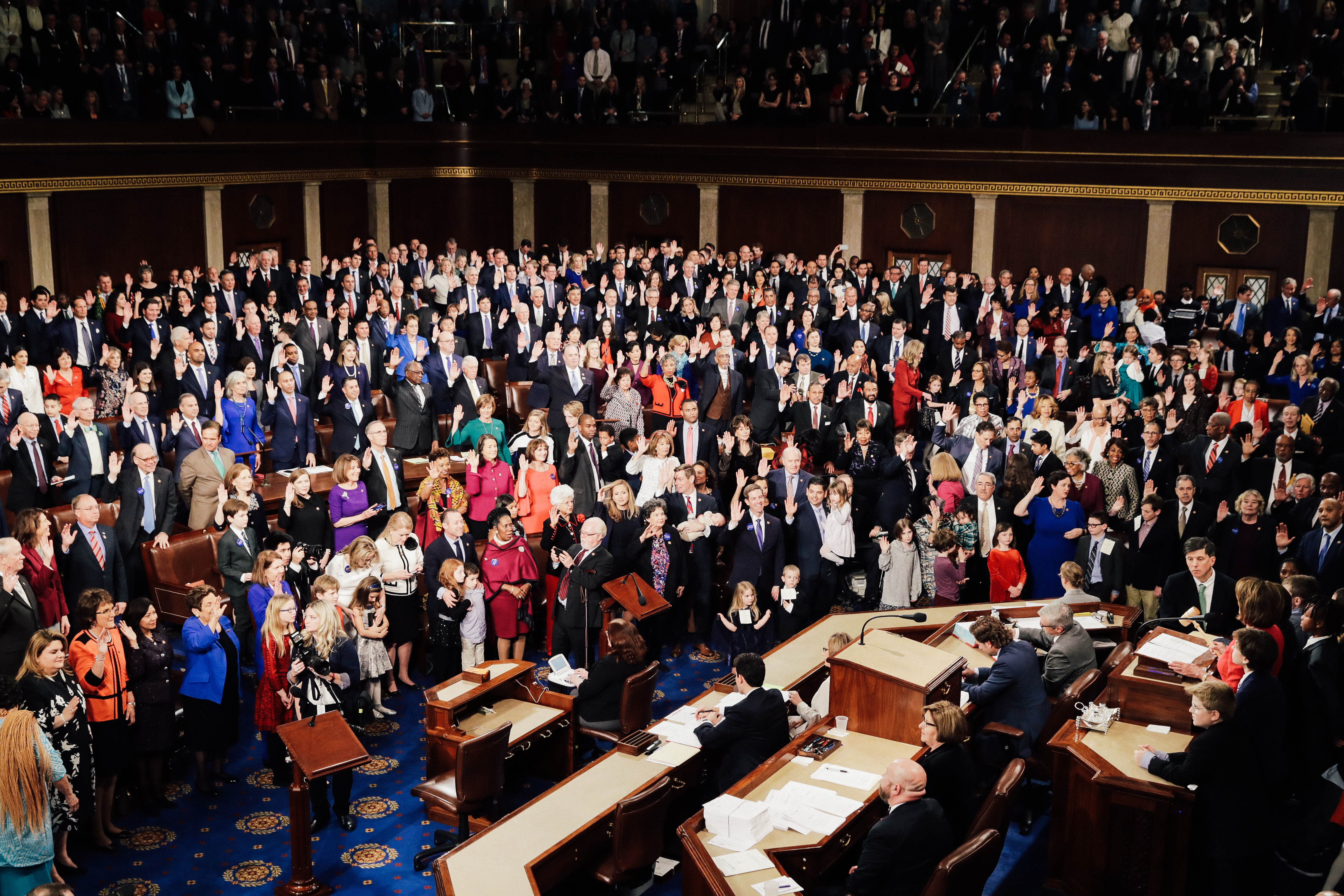 Members of the House stand on the first day of the 116th Congress.