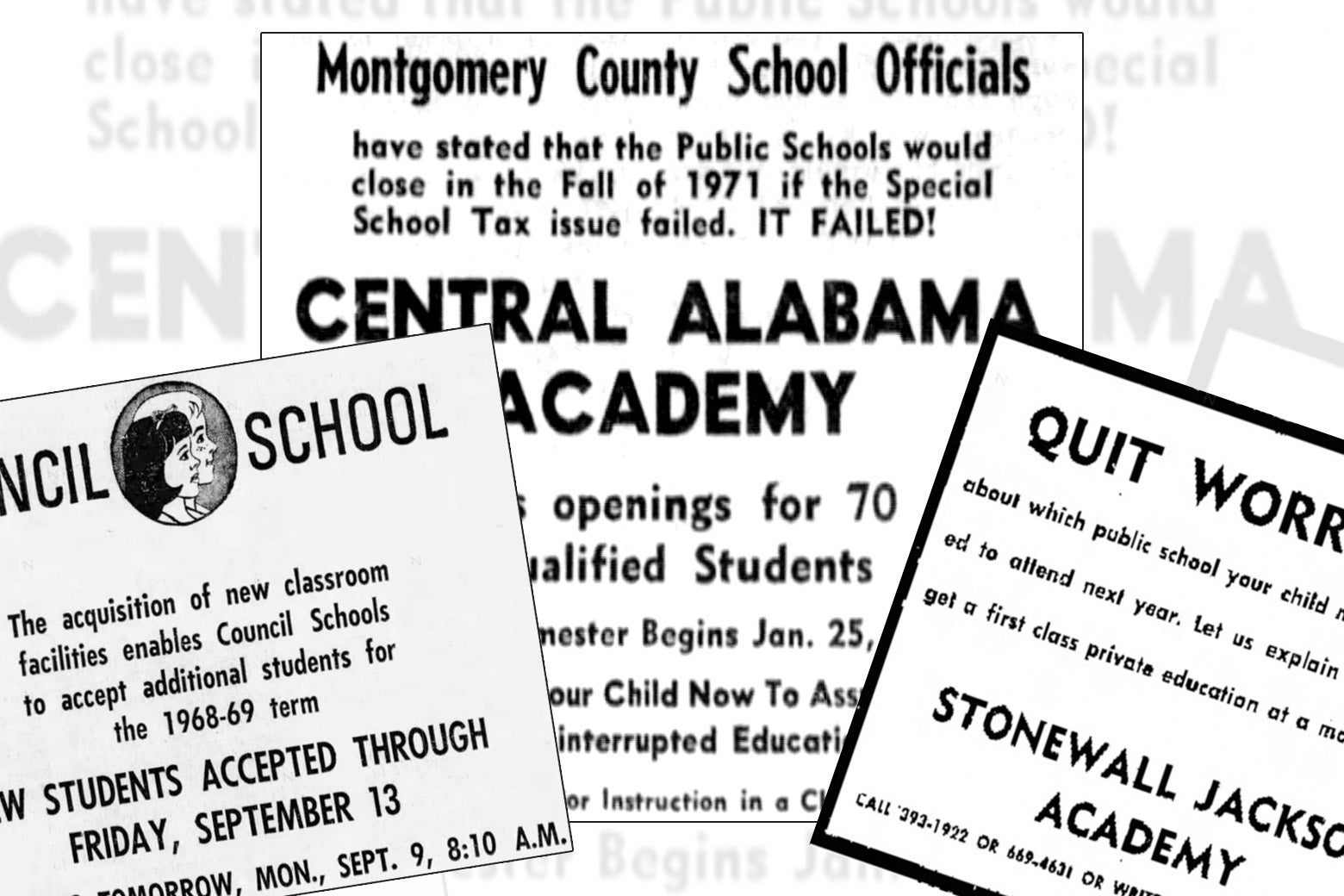 Collage of advertisements for segregation academies.