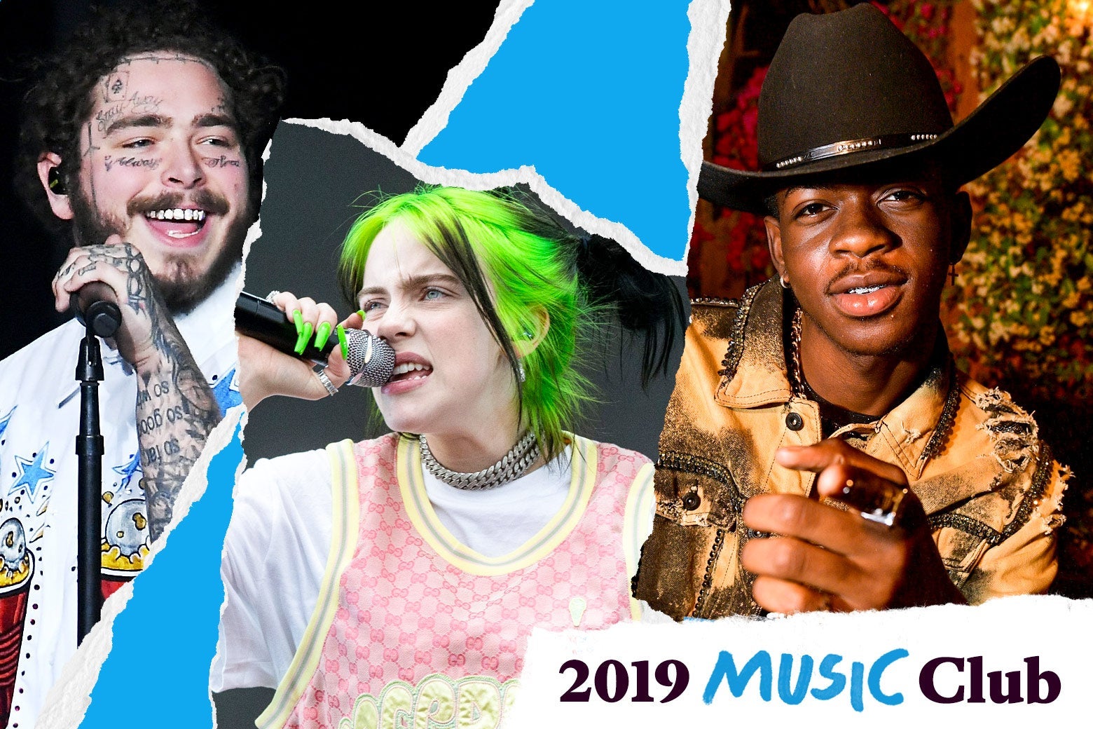 Post Malone, Billie Eilish, and Lil Nas X with text in the corner that says, "2019 Music Club."