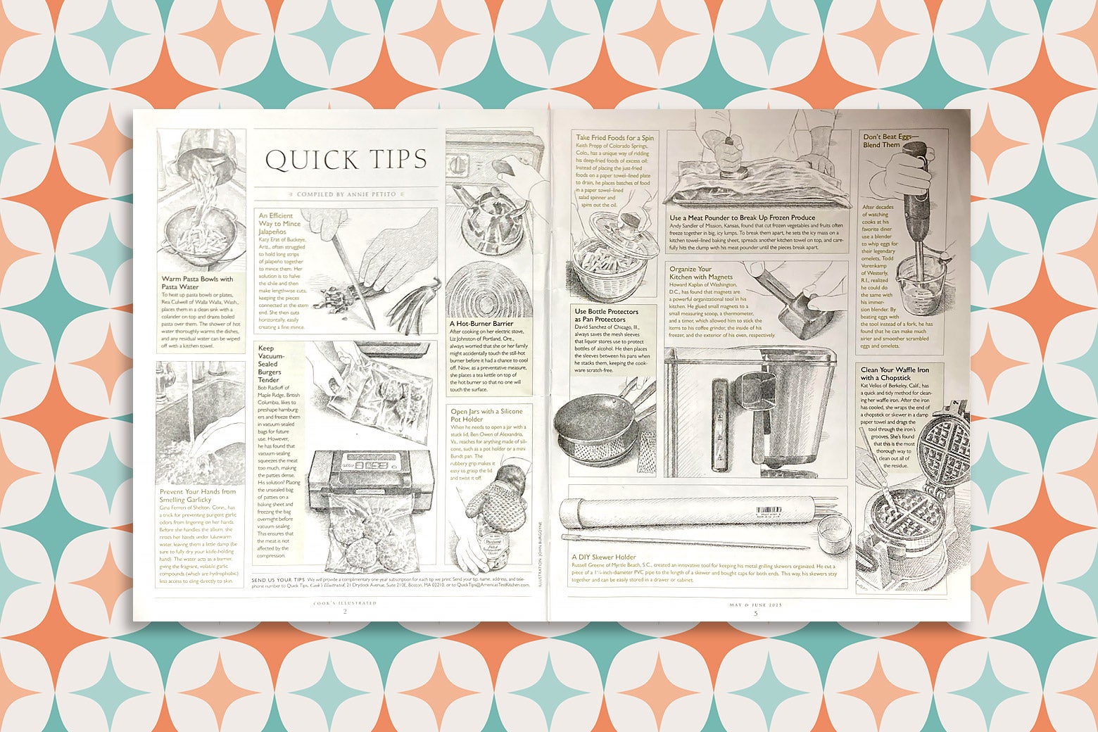 A spread of the Quick Tips section of Cook's Illustrated with food illustrations.