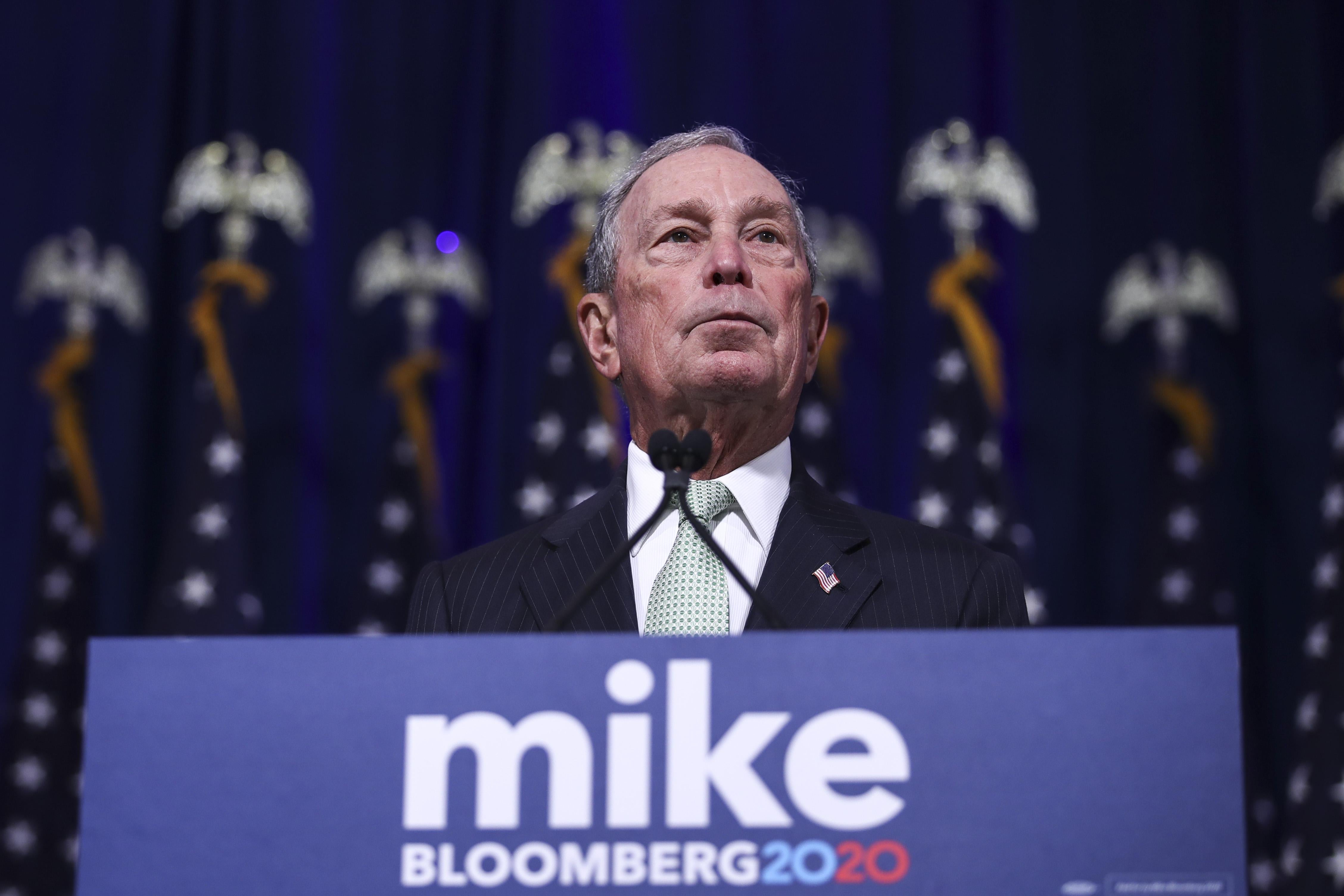 NORFOLK, VA - NOVEMBER 25: Newly announced Democratic presidential candidate, former New York Mayor Michael Bloomberg speaks during a press conference to discuss his presidential run on November 25, 2019 in Norfolk, Virginia. The 77-year old Bloomberg joins an already crowded Democratic field and is presenting himself as a moderate and pragmatic option in contrast to the current Democratic Party's increasingly leftward tilt. In recent years, Bloomberg has used some of his vast personal fortune to push for stronger gun safety laws and action on climate change. (Photo by Drew Angerer/Getty Images)