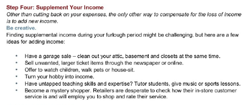 A screenshot of the Coast Guard Support Program tipsheet giving furloughed employees advice on how to make ends meet, including babysitting, dog walking, and holding garage sales.