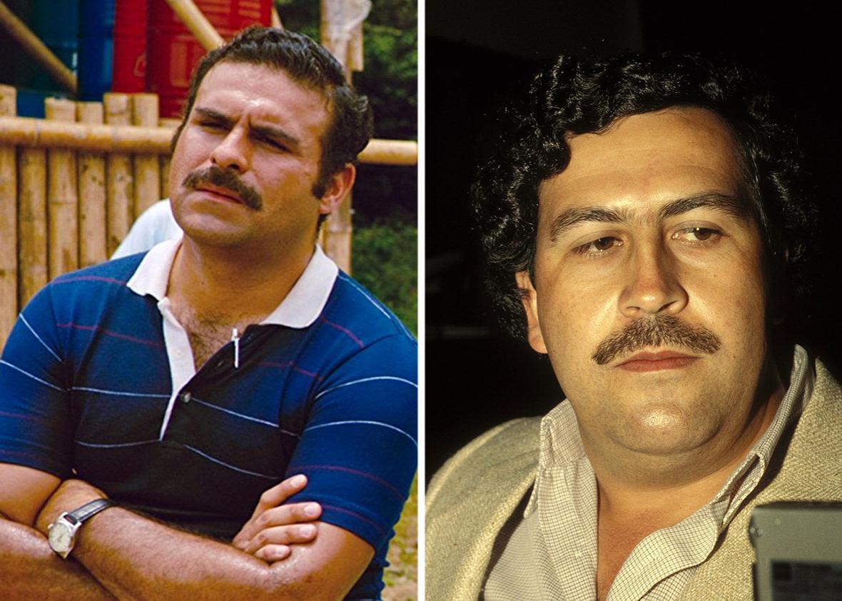Left: Pablo Escobar (Mauricio Mejía) in American Made. Right: the real-life Pablo Escobar.