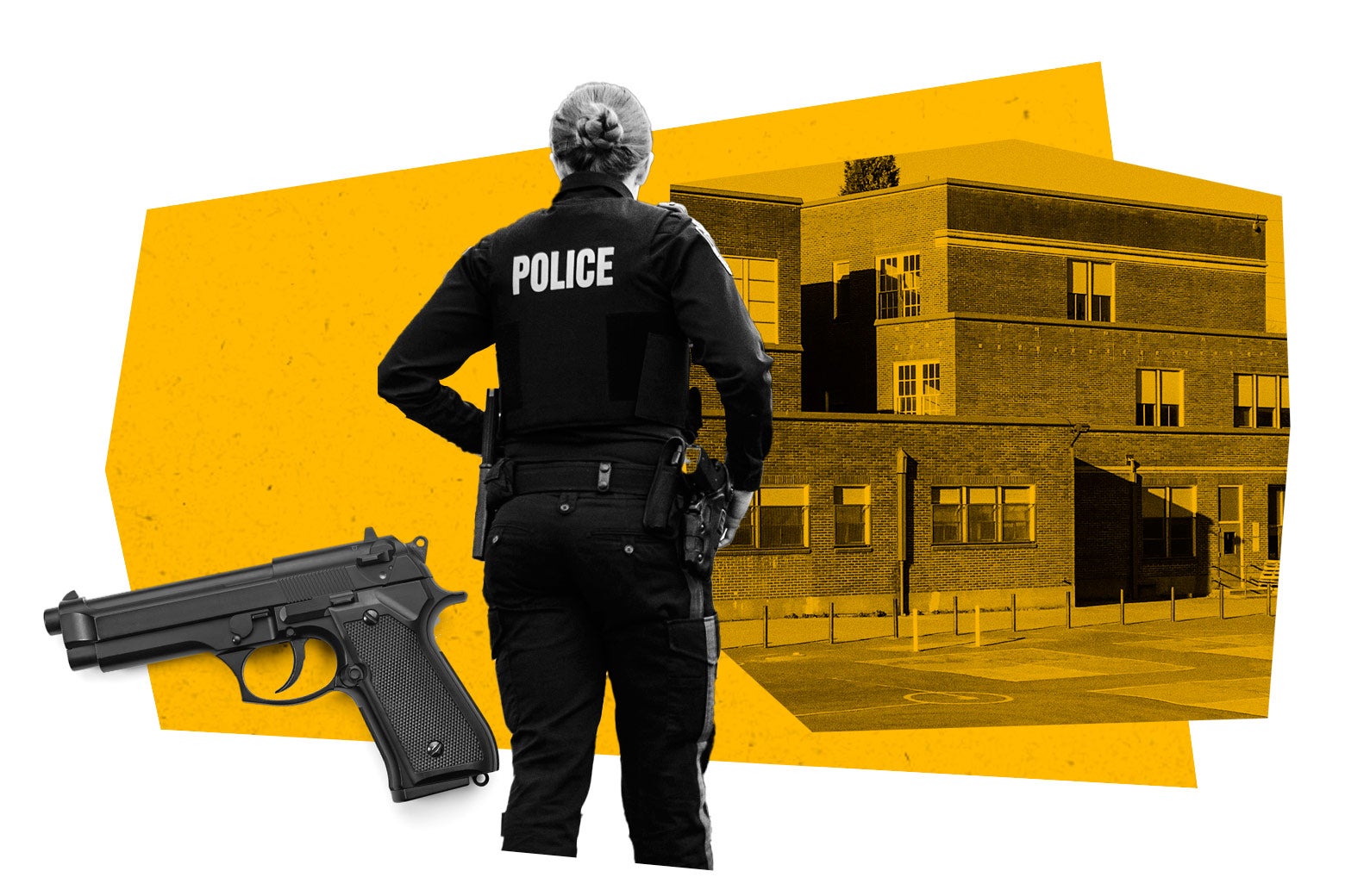 A gun and a police officer in front of a school.
