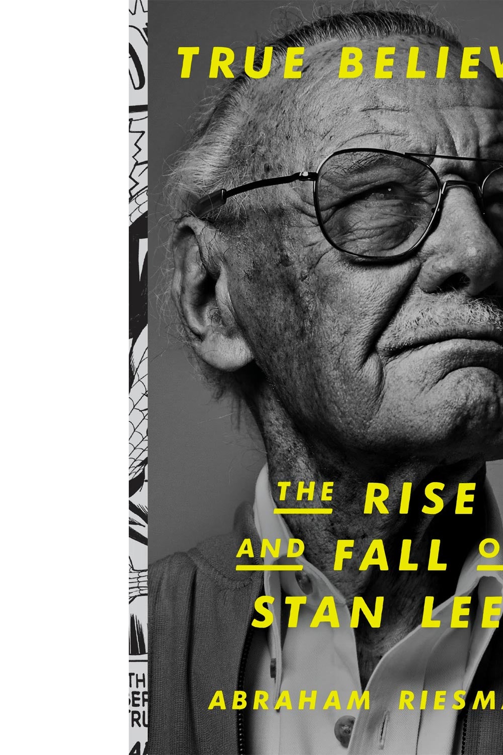 Book jacket showing book's title, subtitle, and author, and a photo of Stan Lee looking up and to his left, frowning a little, in glasses and a suit without a tie