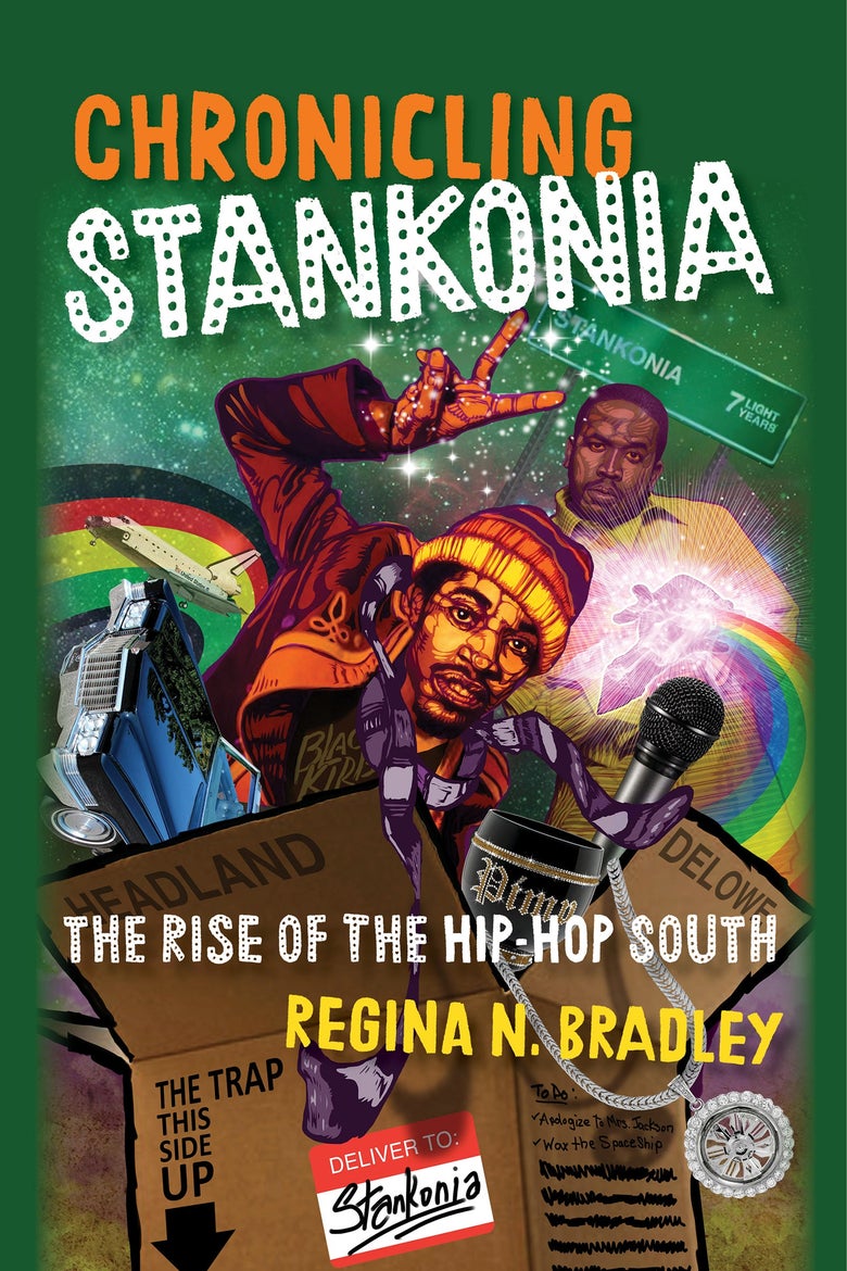 The book cover for Chronicling Stankonia has a green background with illustrations of André 300 and Big Boi surrounded by rainbows and coming out of a cardboard box.