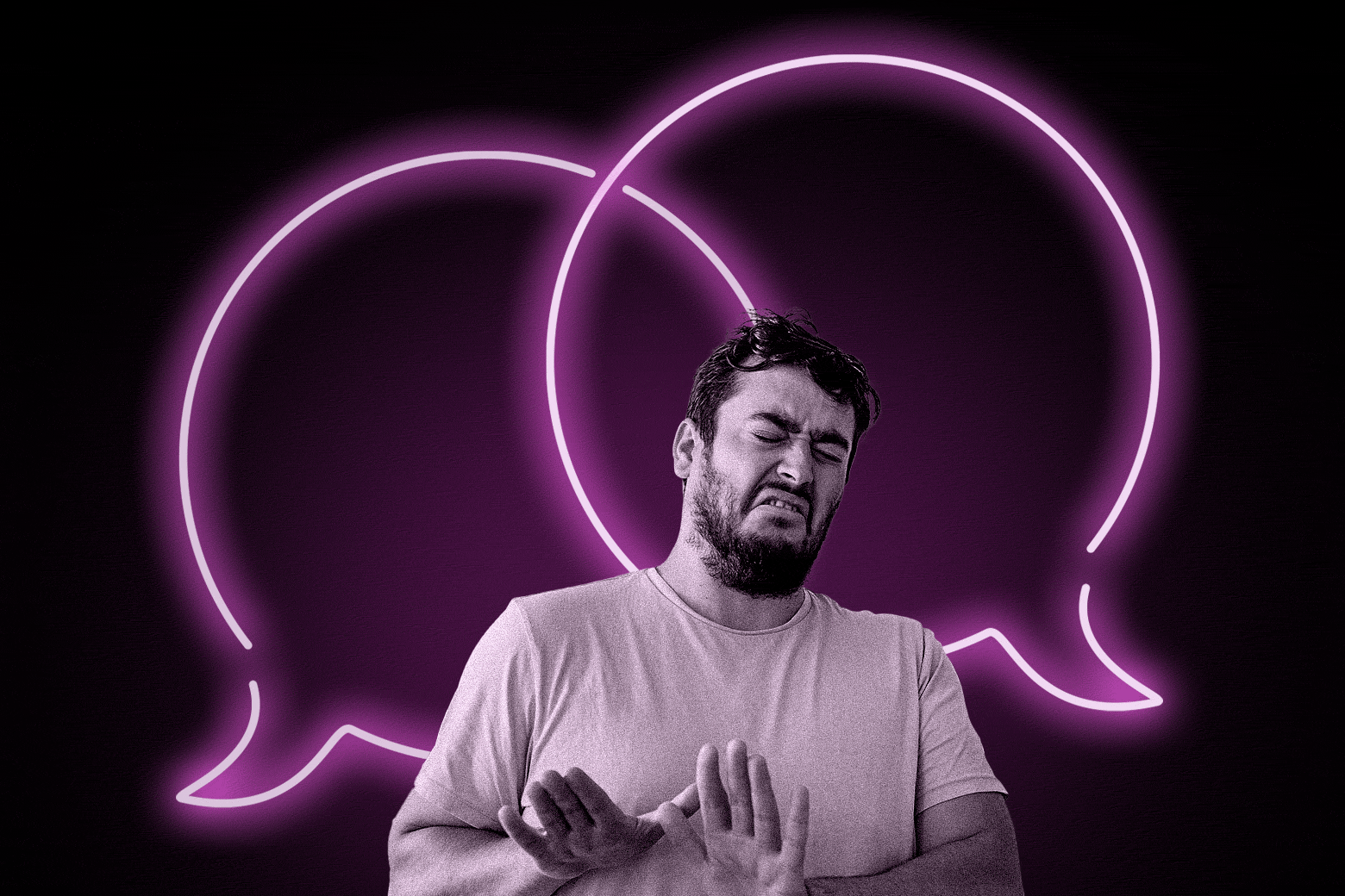 Man grimacing with two speech bubbles behind him.