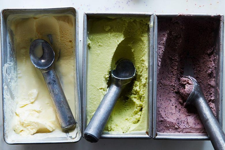Pickle-flavored ice cream ready to be scooped.