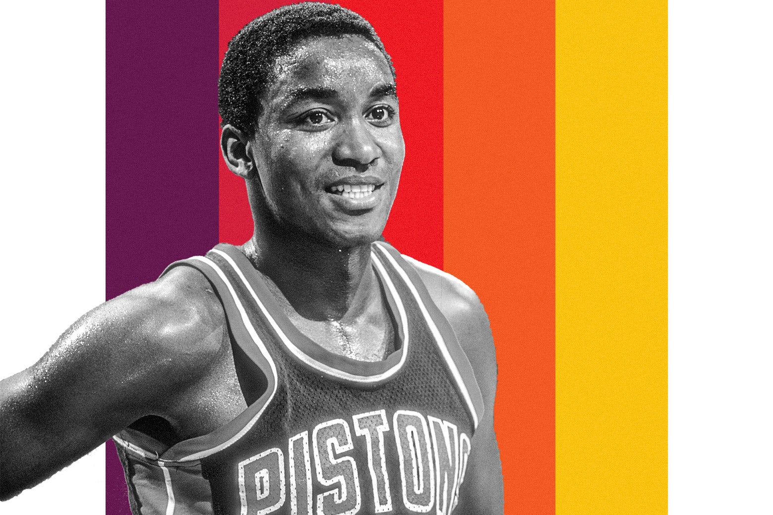 Isiah Thomas in a Pistons jersey against a striped background