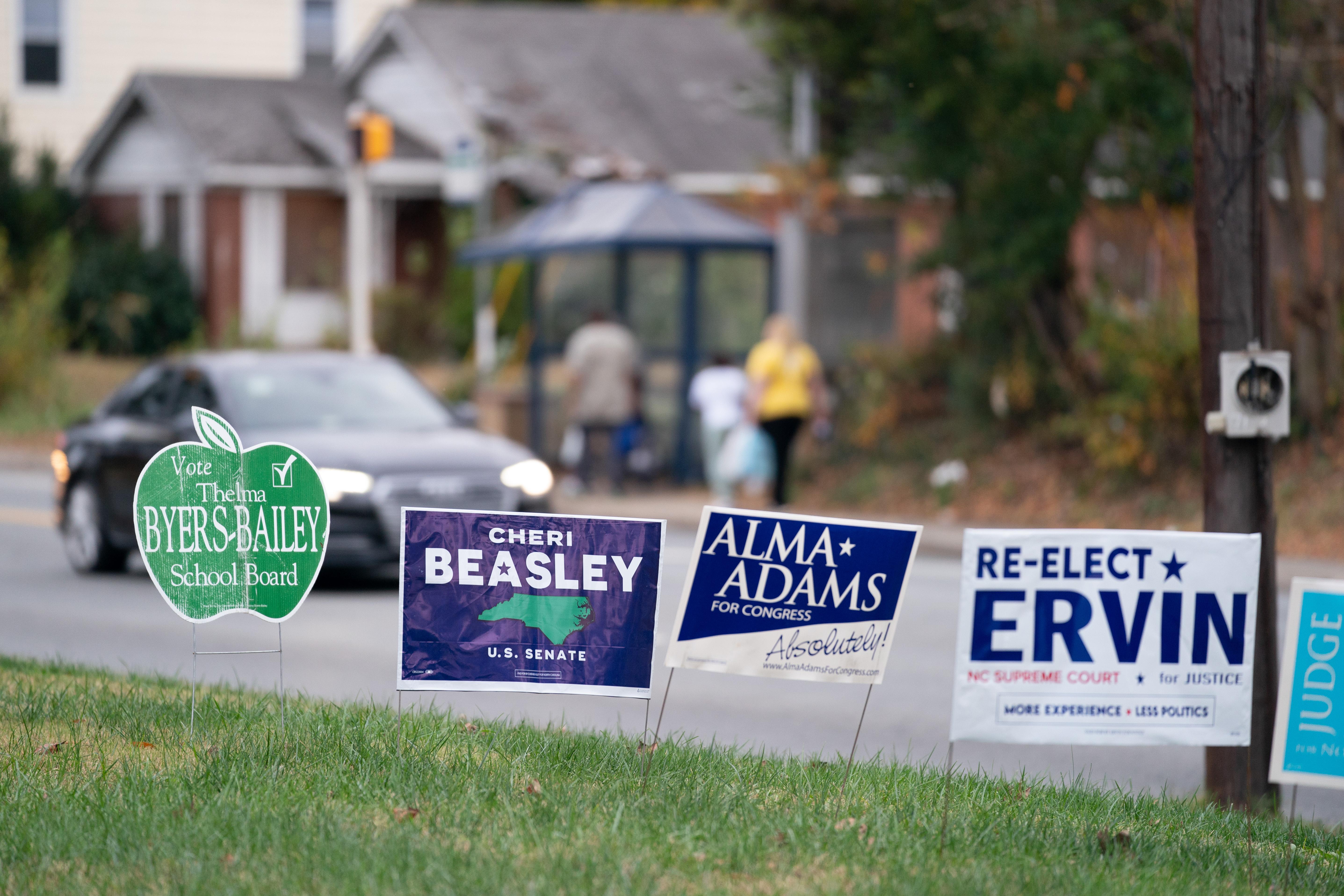 Election yard signs in North Carolina, including one for Justice Sam Ervin.