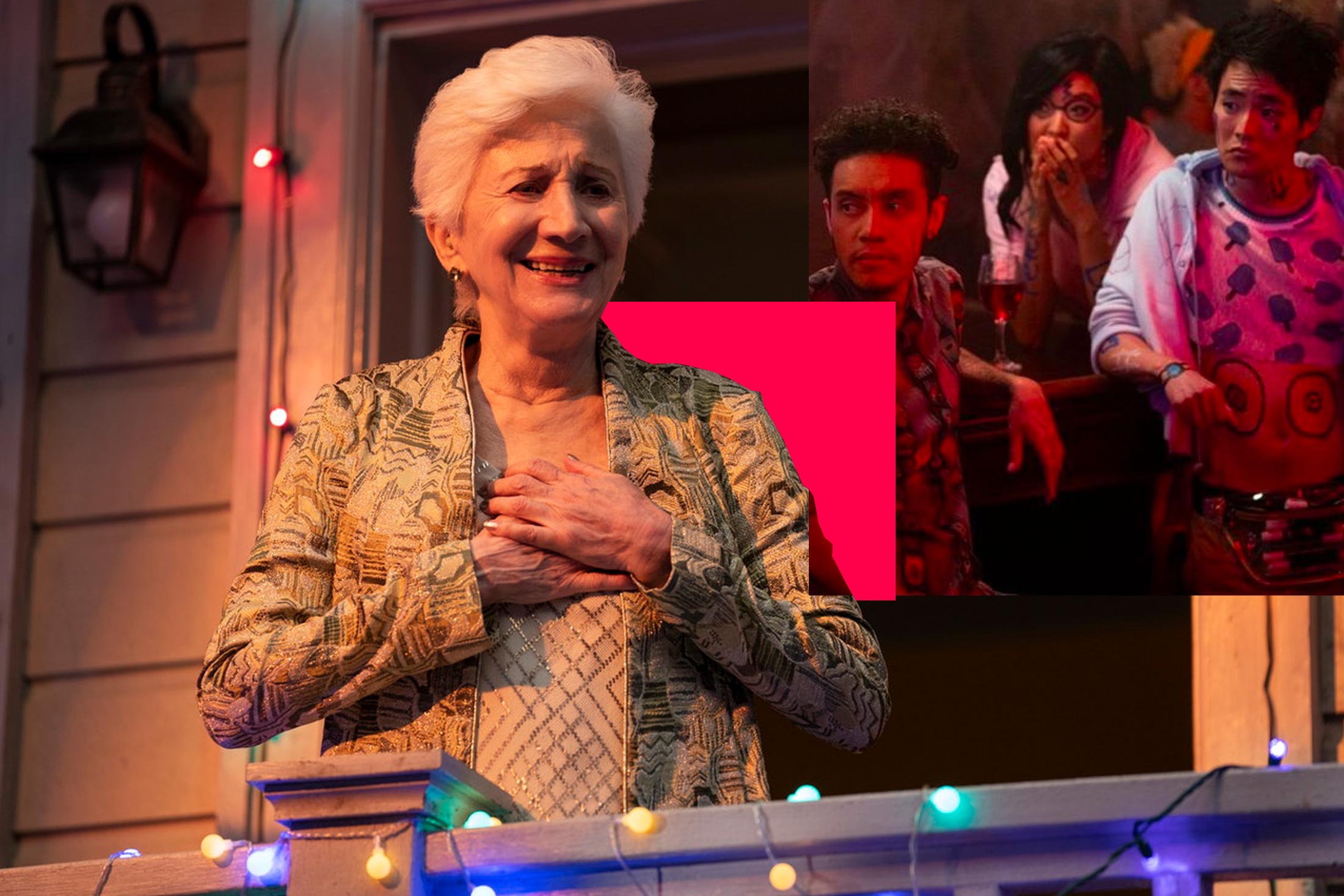 A still of Olympia Dukakis as Anna Madrigal, with a still of Garcia, Ashley Park, and Christopher Larkin as Jake, Ani, and Raven, respectively, in the corner.