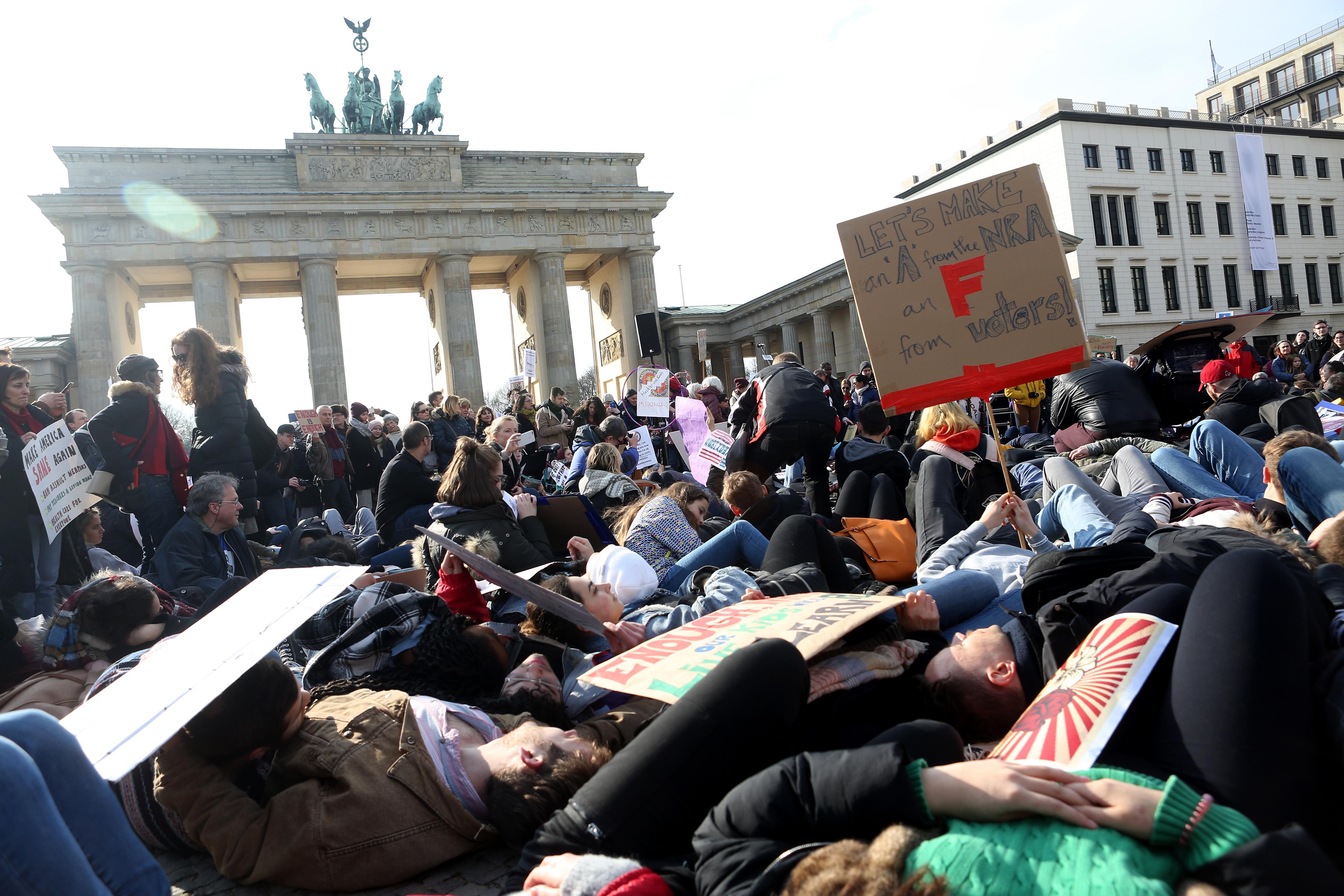 Demonstrators protest at the March for our Lives demonstration on March 24, 2018 in Berlin, Germany.