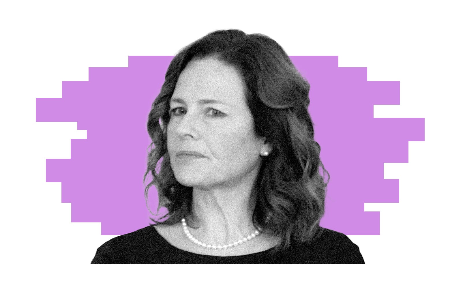 Justice Amy Coney Barrett glowers, wears pearls.