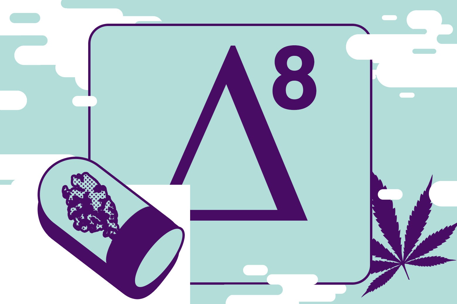 The delta-9 symbol is seen surrounded by a clear bottle of weed flour and a pot leaf.