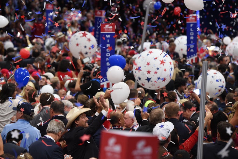 Balloons and confetti descend following an address by Donald Trump.