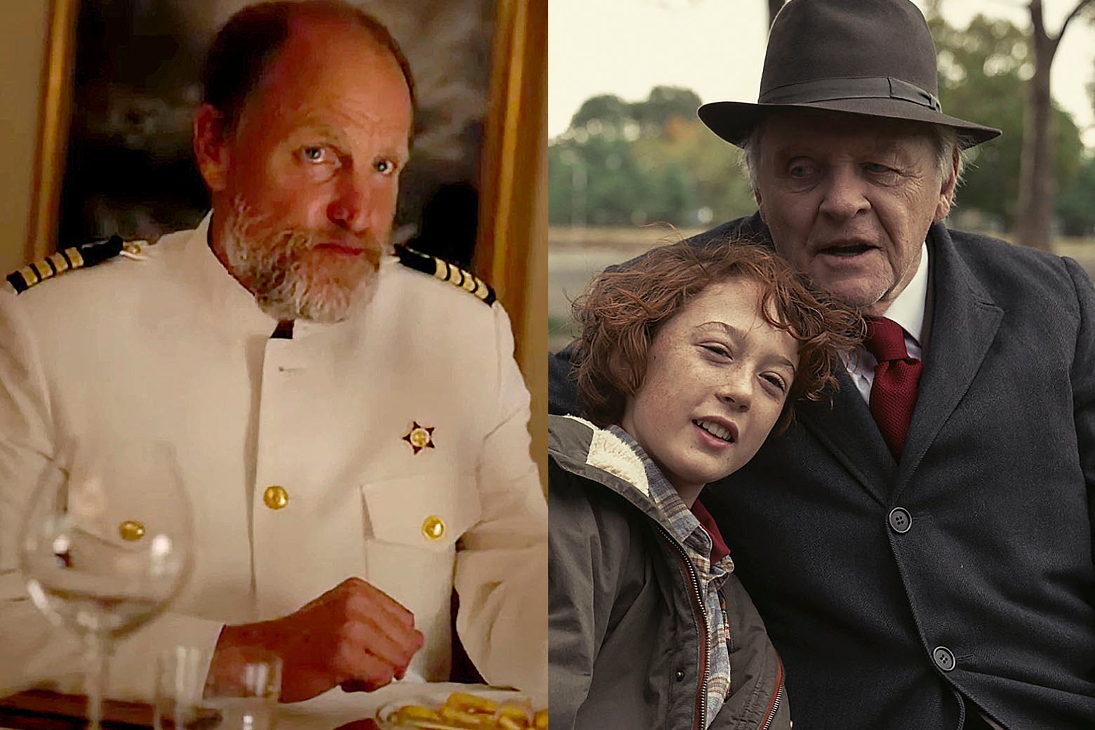Side by side stills of Harrelson in a fancy white captain's uniform with a fancy dinner in front of him and Hopkins in old-timey garb pulling a boy close on a park bench