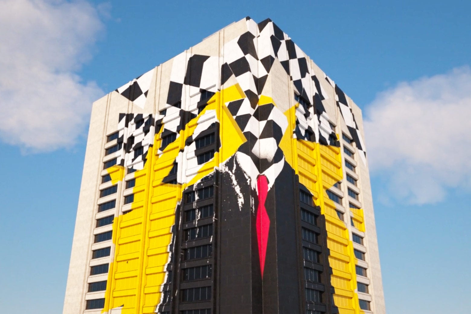 Animation from Season 3, Episode 2 of Serial: "You've Got Some Gauls." It's a slow pan up a building that depicts a large mural of a male judge offset by checker pattern and yellow paint.