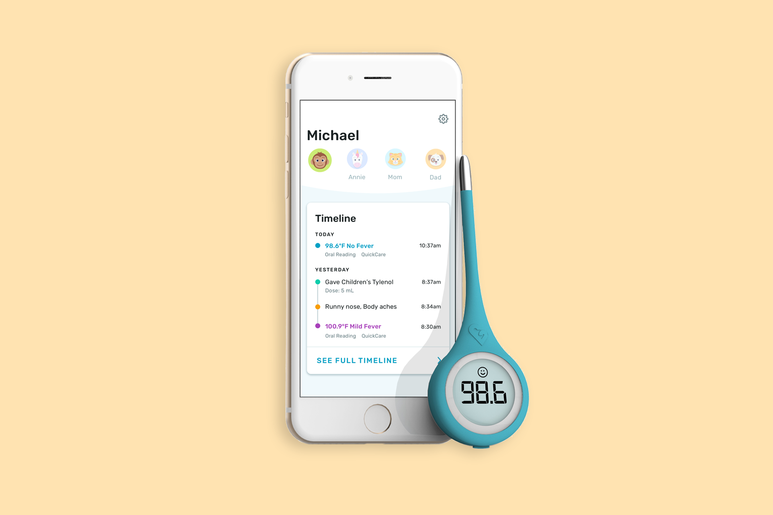 A Kinsa thermometer along with the mobile app.