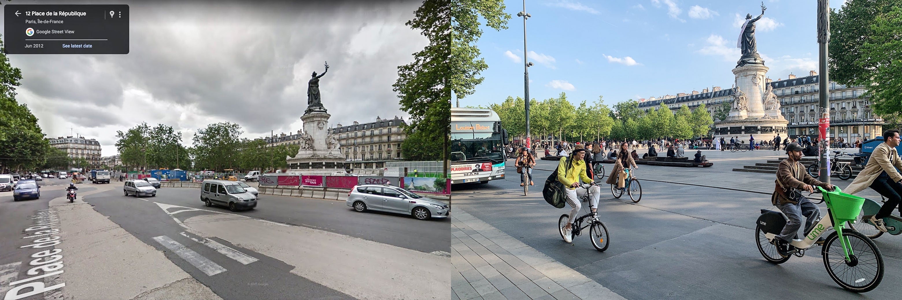 Deux photos du 12 place de la République, de 2014 et 2023, montrant une augmentation spectaculaire du nombre de motards et une réduction du trafic automobile.