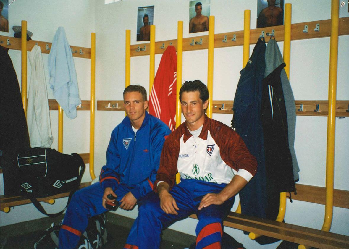 The author (right) with Sverrir in Tindastoll's locker room before a match.