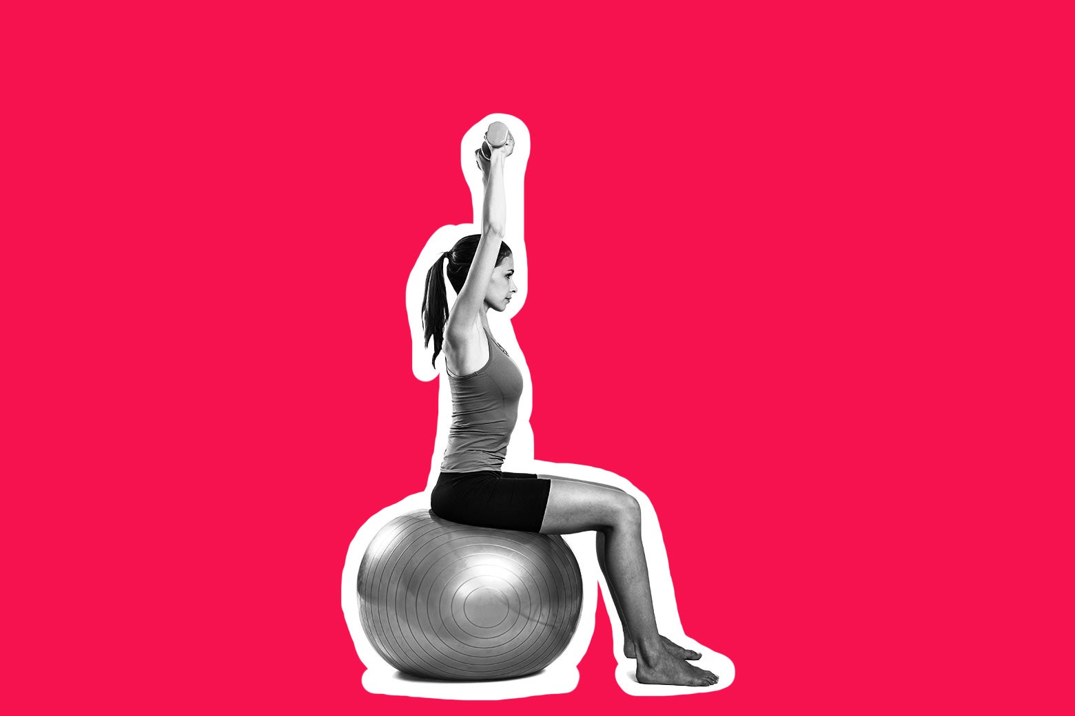 A woman sitting on an exercise ball, holding a weight above her head.