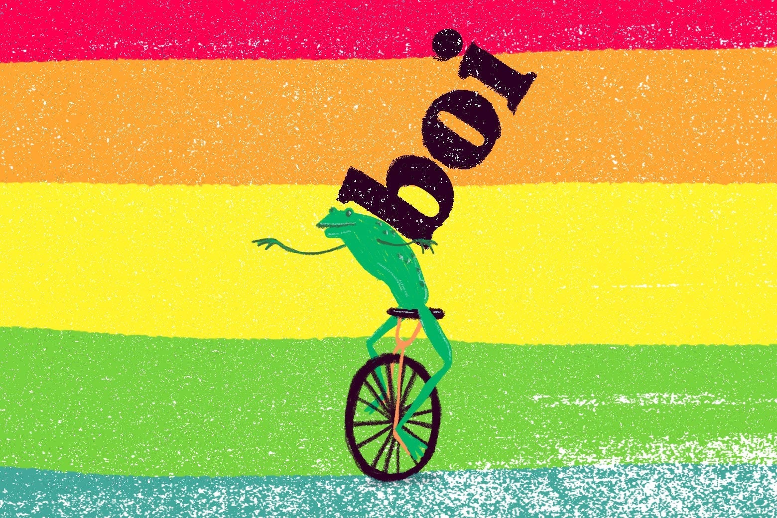 The word boi on the back of the unicycle-riding frog from the Dat Boi meme, on a rainbow background