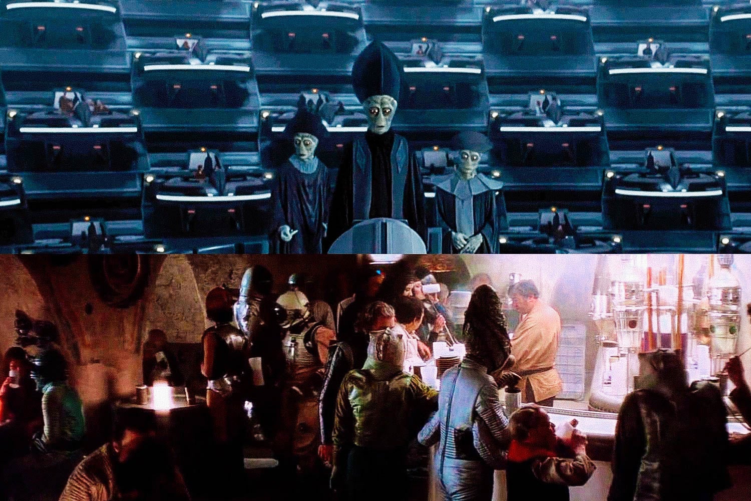 Top: Aliens are depicted in the foreground against a vertical backdrop on which other aliens are standing on various balconies. Bottom: Aliens crowd around a bar.
