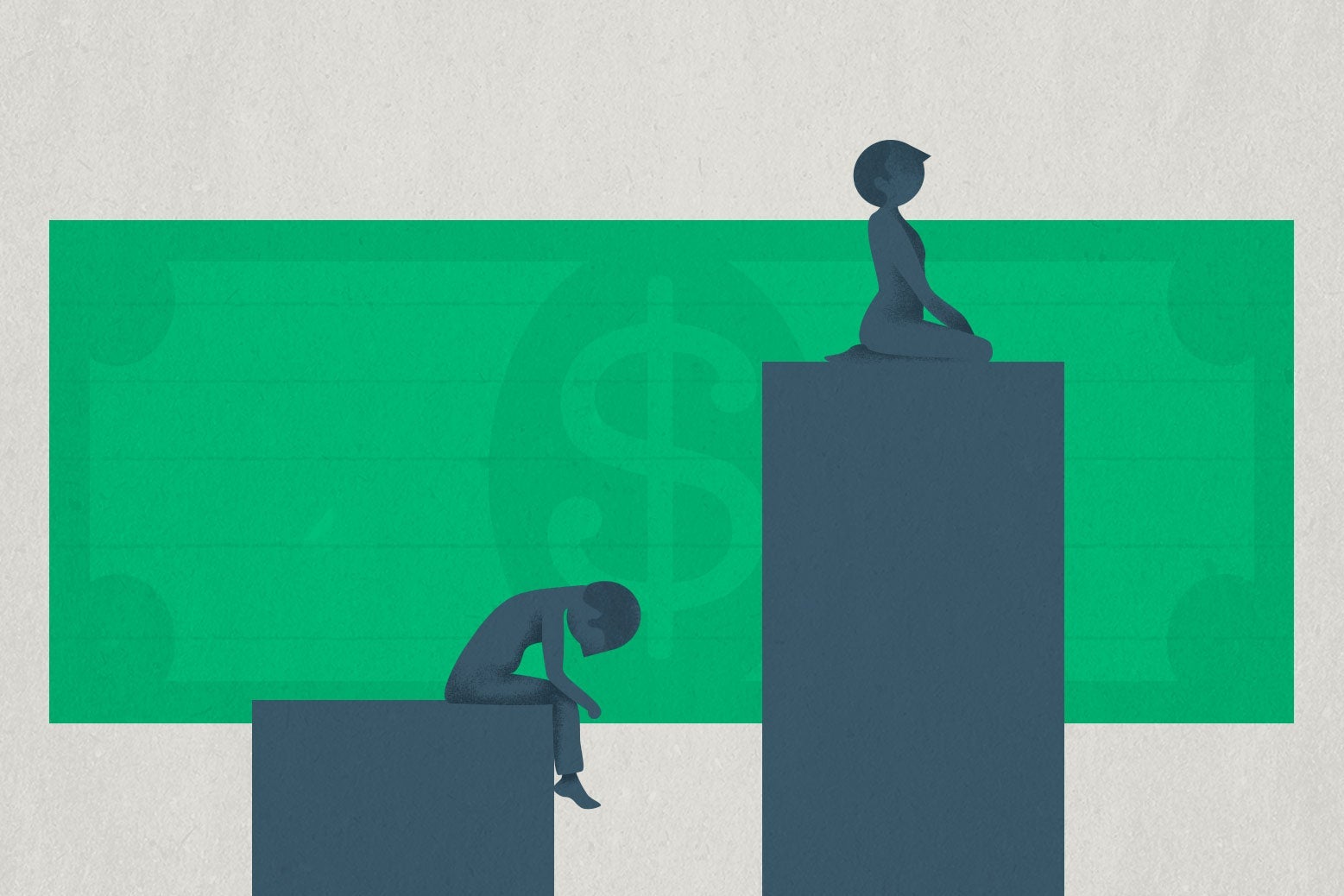 A bar chart in front of a dollar. The higher bar has a person sitting up on it. The lower bar has a person sitting down and bending over in despair.