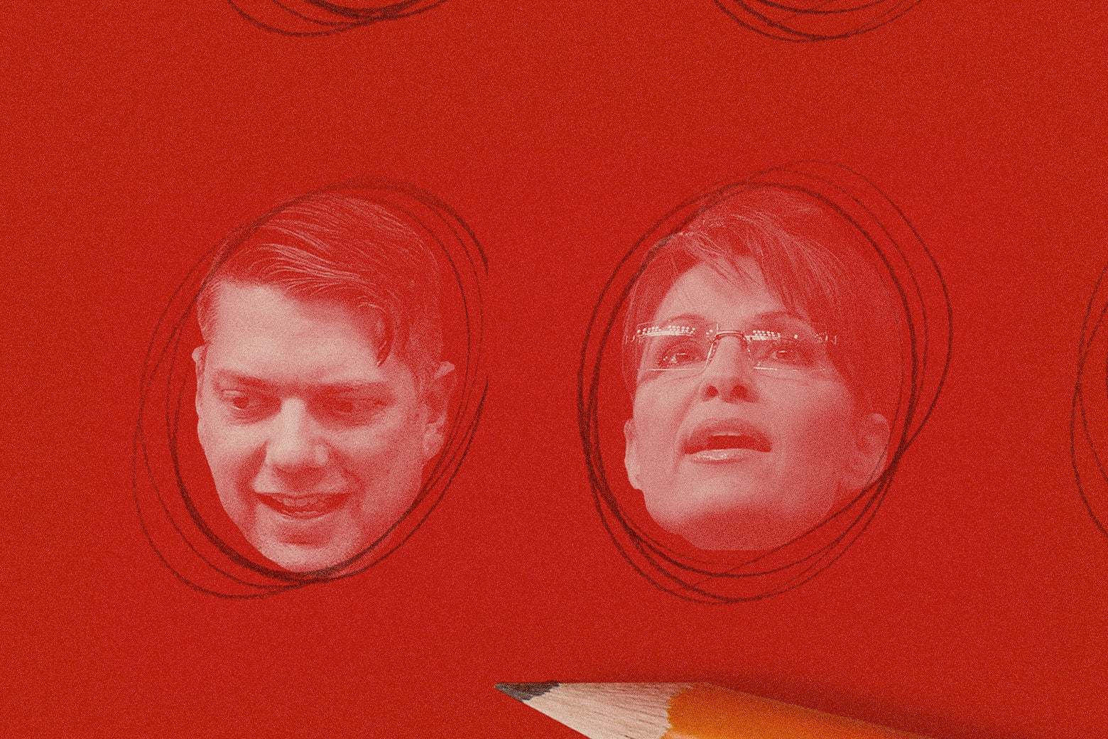 photo illustration of Nick Begich III and Sara Palin's faces on a red background with circles drawn around them