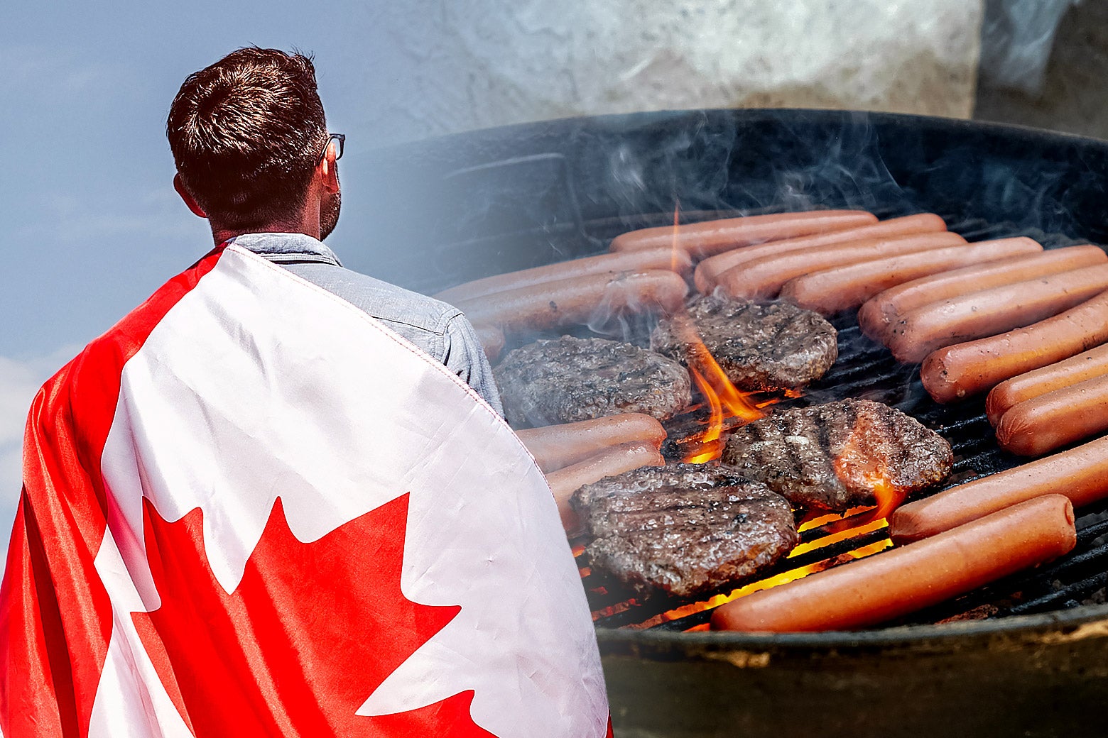 A man with a Canadian flag draped over his back, next to a grill cooking hot dogs and hamburgers.