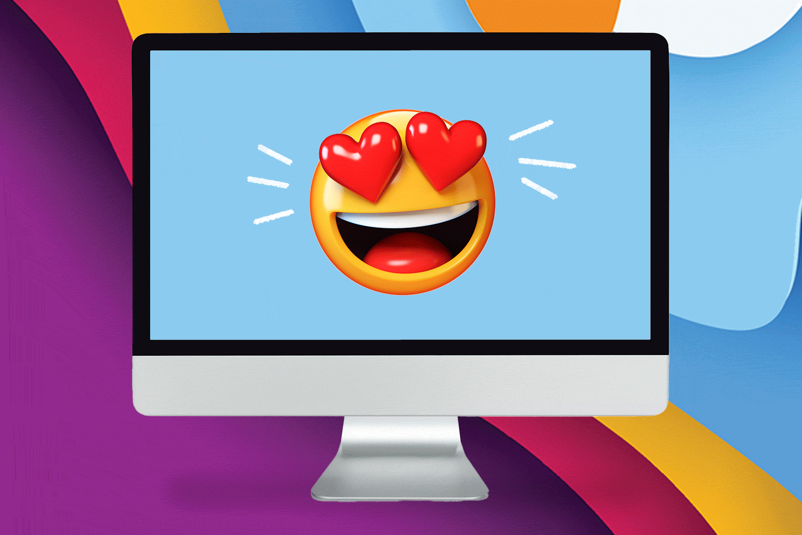 Set on a purple, pink, yellow, and blue background, a smiling heart-eyes emoji moves back and forth on a blank screen of an external monitor.