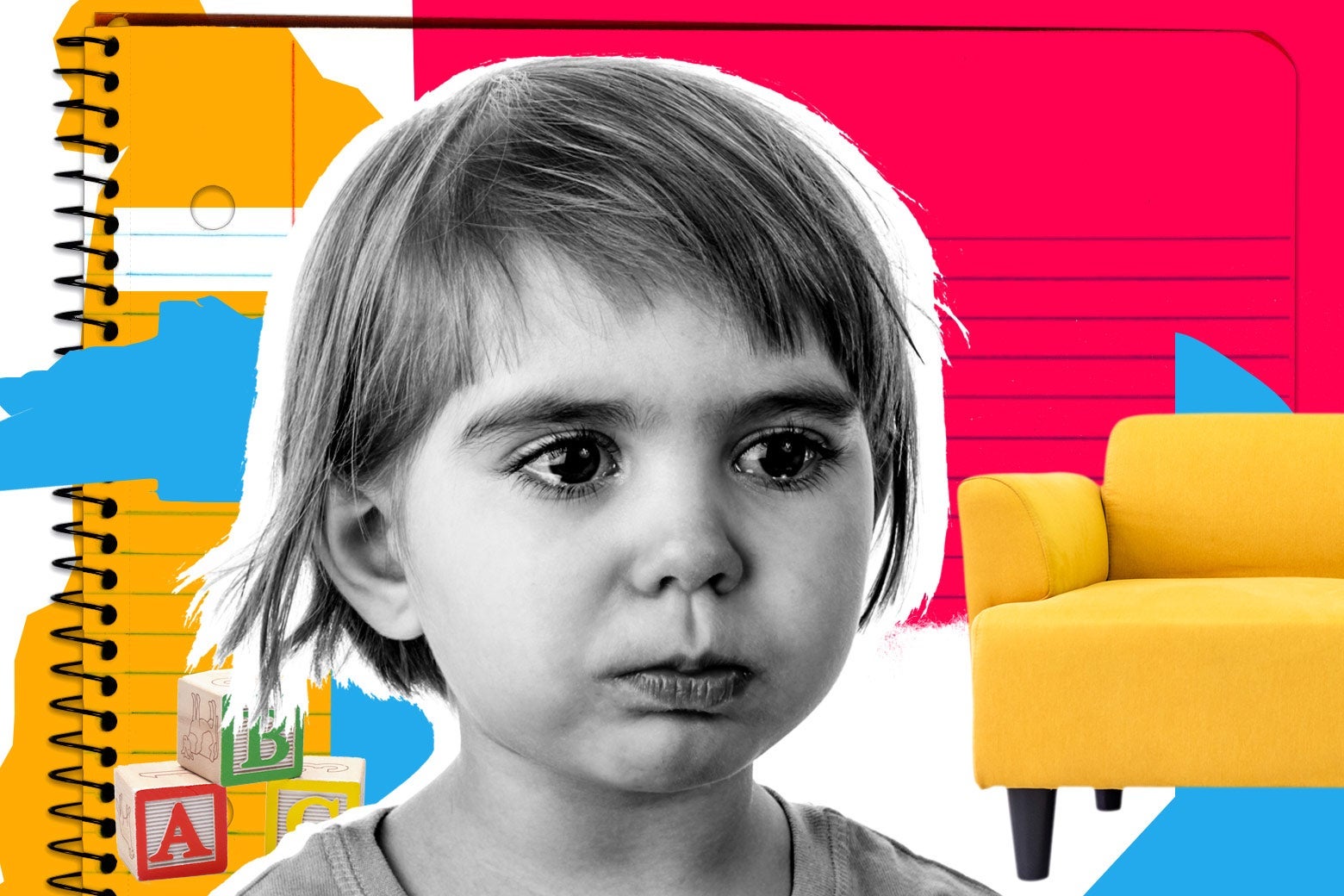 A little kid crying in front of a couch