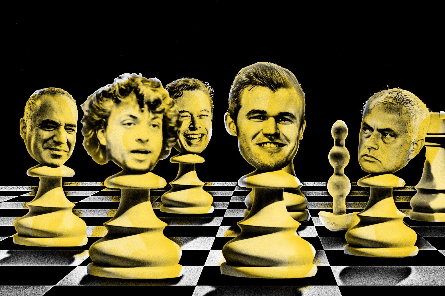 Chess pieces on a board, but the pieces are replaced by Garry Kasparov, Hans Moke Niemann, Elon Musk, Magnus Carlsen, vibrating anal beads, and José Mourinho.