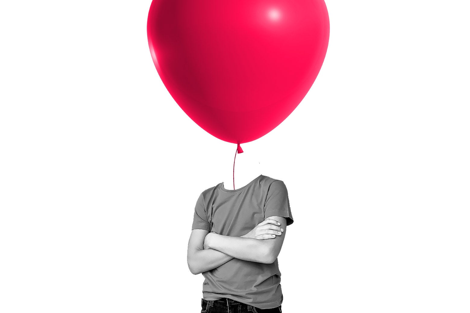 The body of a young boy with a large red balloon floating away representing his head.
