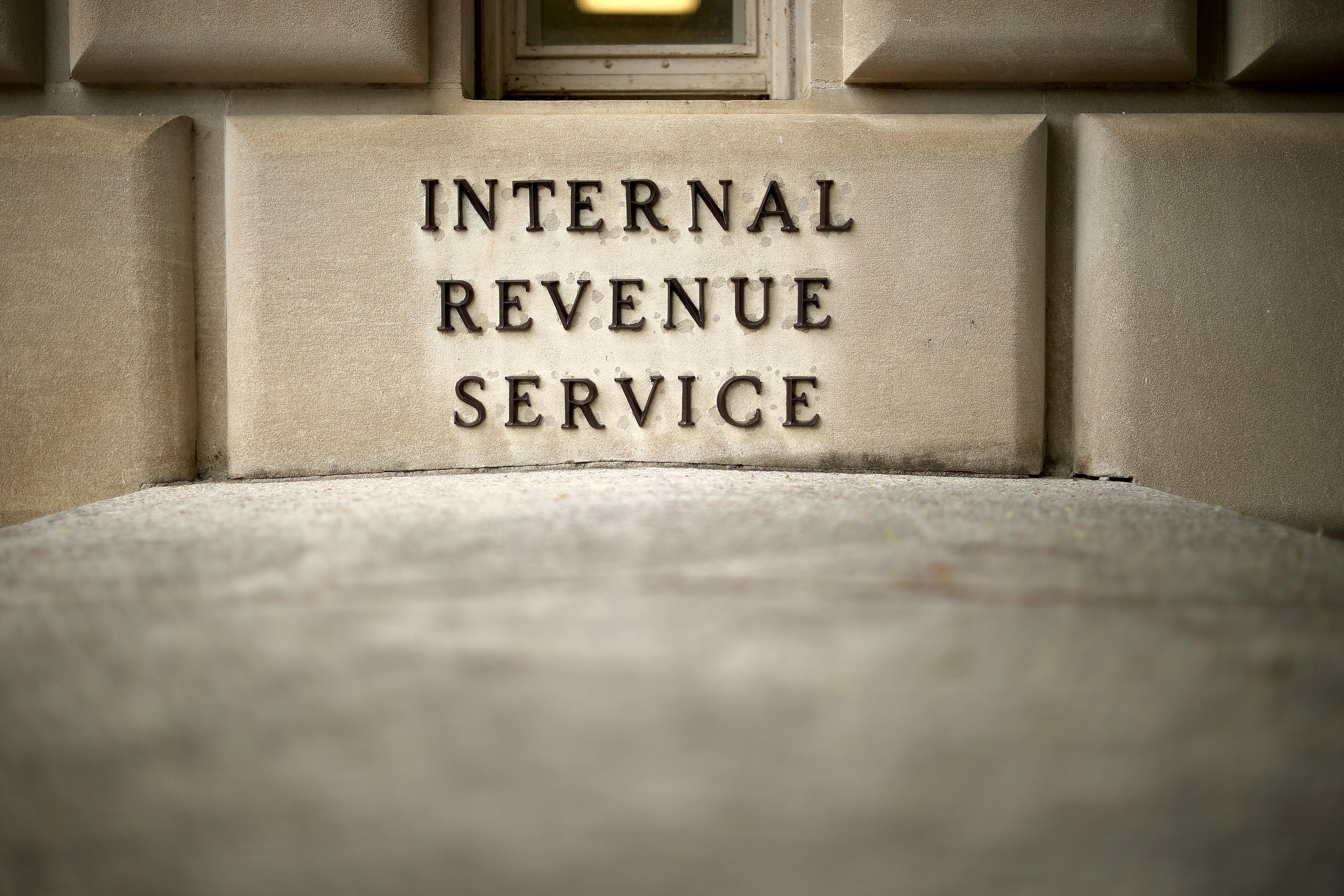A brick on the exterior of the IRS building in Washington reads "Internal Revenue Service"