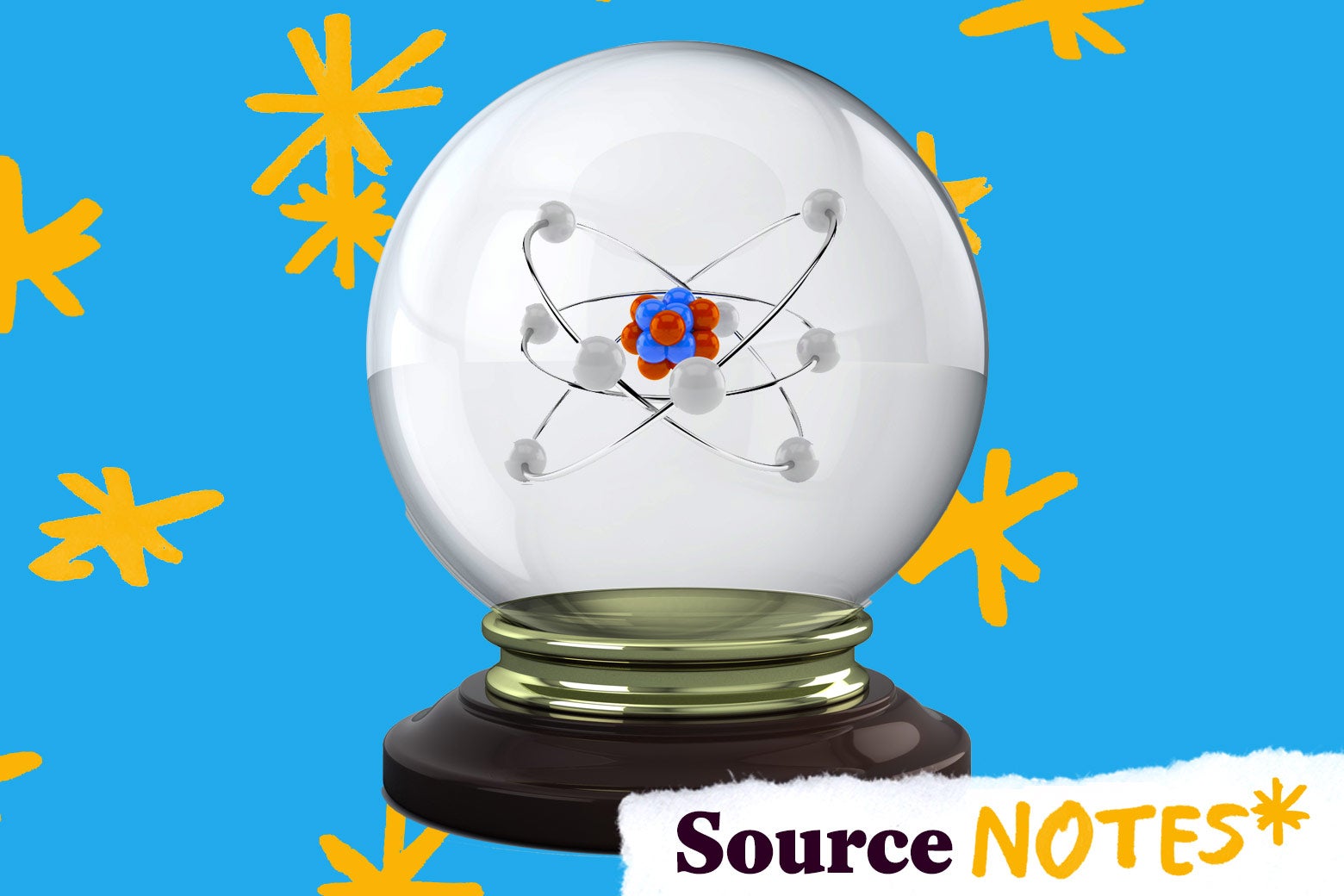Electroncs swirl around an atom within a crystal ball. The background is blue with hand-drawn yellow asterisks; a label says Source Notes*.