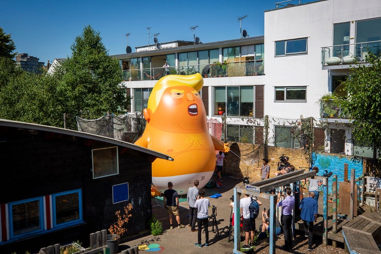 The six-meter high inflatable "Trump Baby" sits in the disused North London playground on June 26.